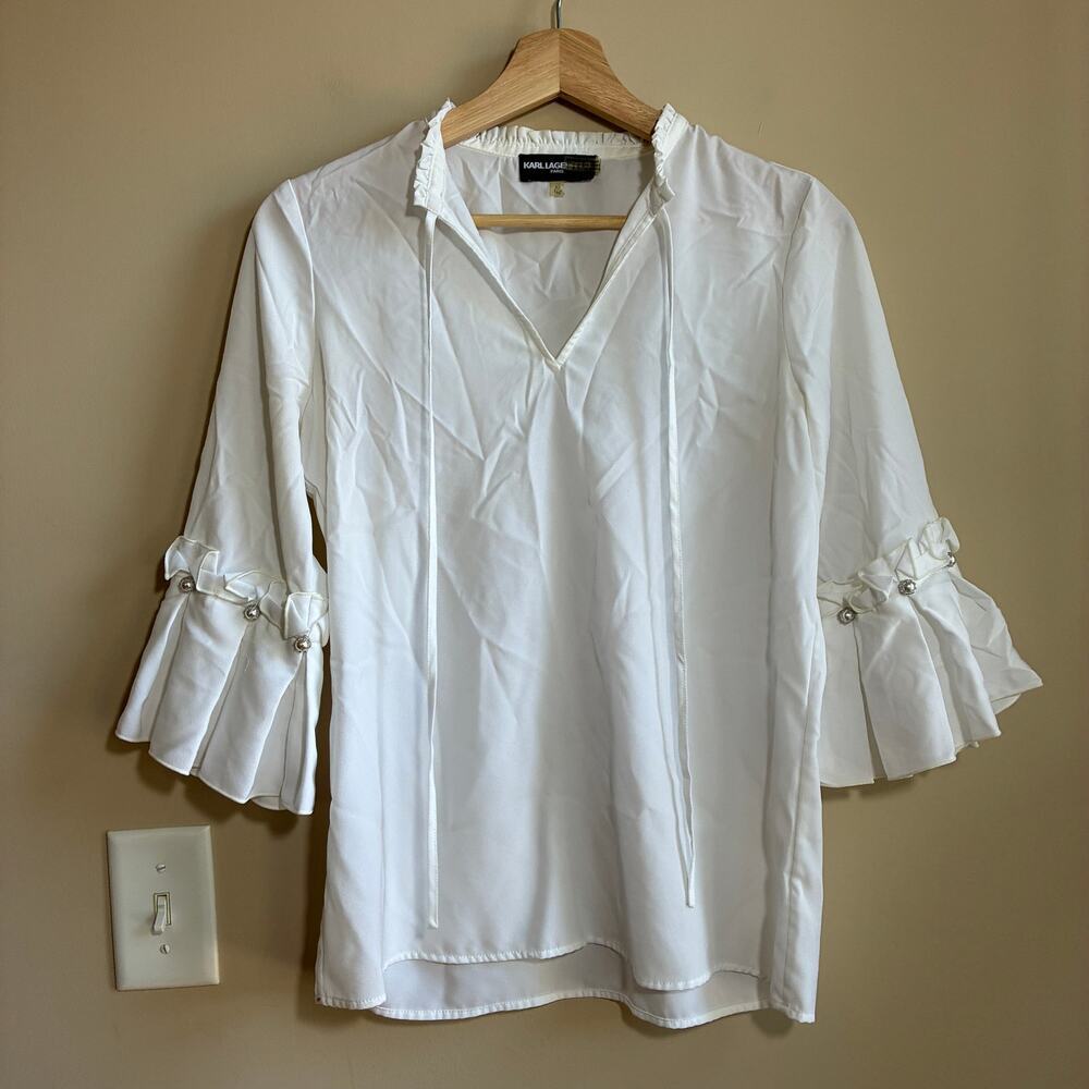 Karl Lagerfield lagenlook white v-neck flutter sleeve blouse women's size XS